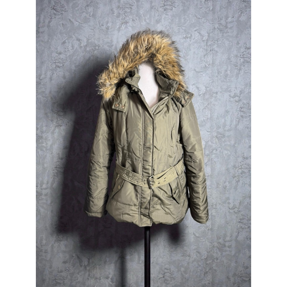 Size M Puffer Jacket NEW YORK & COMPANY Olive Army Green Faux Fur Hood winter